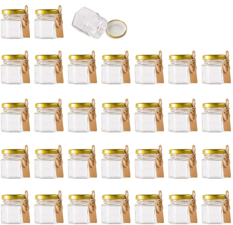 Encheng 1.5 oz Clear Hexagon Jars,Small Glass Honey Jars With Lids(golden),Mason Jars For Herbs,Foods,Jams, Liquid,Party Favor,Mini Spice Jars For Storage 30 Pack - Image 1